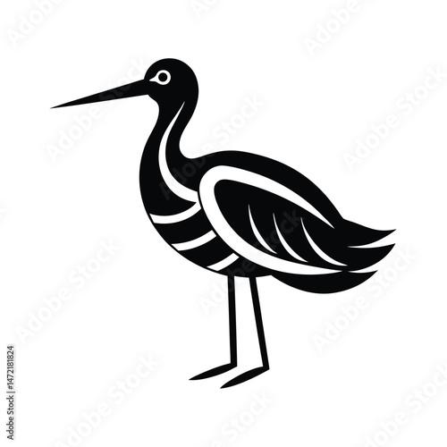 Minimalist black and white illustration of a standing stork bird for logo design and graphic elements