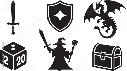 Black and white fantasy rpg icons including swords dice dragons shields and wizards