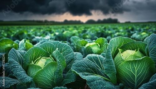 A vast cabbage field under a dark cloudy sky, with water droplets on the leaves.