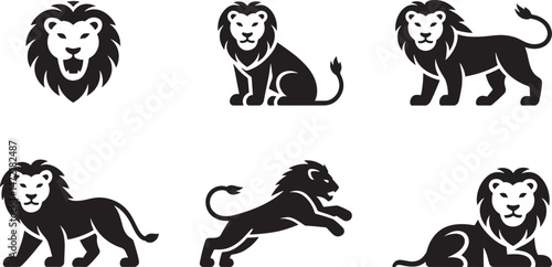 Black and white lion silhouette collection illustrating different poses and movements for design use