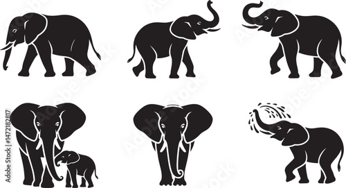 Black and white vector illustration of various playful and majestic african elephant silhouettes