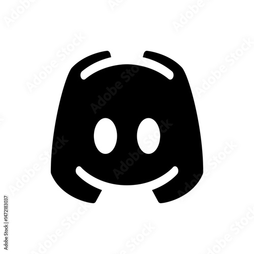 Black discord logo featuring a stylized controller shape with circular eyes and a curved smiling mouth design