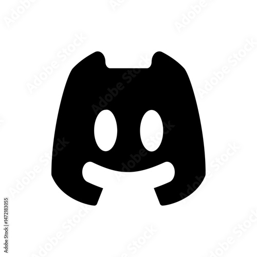 A black and white image of the discord logo with two eyes and a mouth on a white background design icon