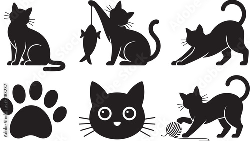 Black cat silhouettes in various poses and paw print isolated on white background
