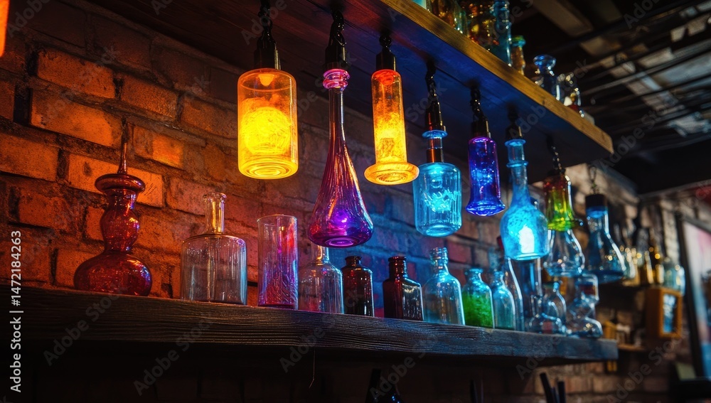 Colorful bottles and lamps on a rustic wooden shelf, against a brick wall. The bottles are various shapes and colors, illuminated by colorful, glowing lamps Colorful bottles and lamps on a rustic wooden shelf, against a brick wall. The bottles are various shapes and colors, illuminated by colorful, glowing lamps