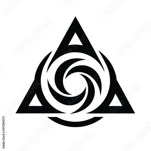 Abstract black and white geometric design featuring a triangle surrounding a swirling circular pattern