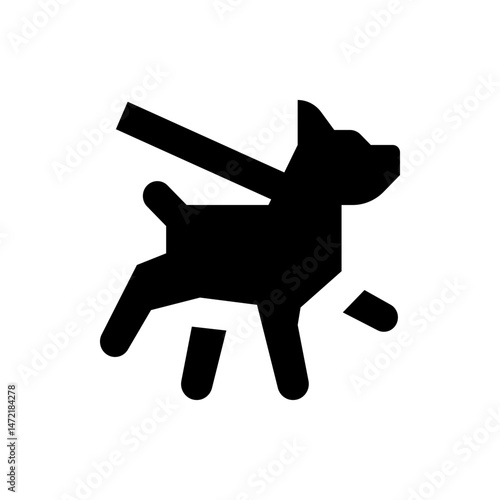 Silhouette of a dog with a leash attached, depicted in a simple and abstract black and white style