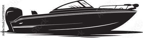 Boat silhouette vector illustration. Side view of a sleek speed boat in black. Watercraft design for marine and boating theme