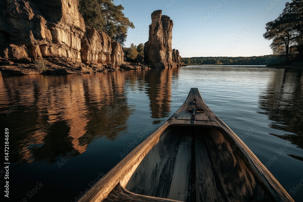 Fototapeta premium eye-level boat view in the center of a quiet river, facing a dramatic giant stone shaped like a pagoda emerging from the water,