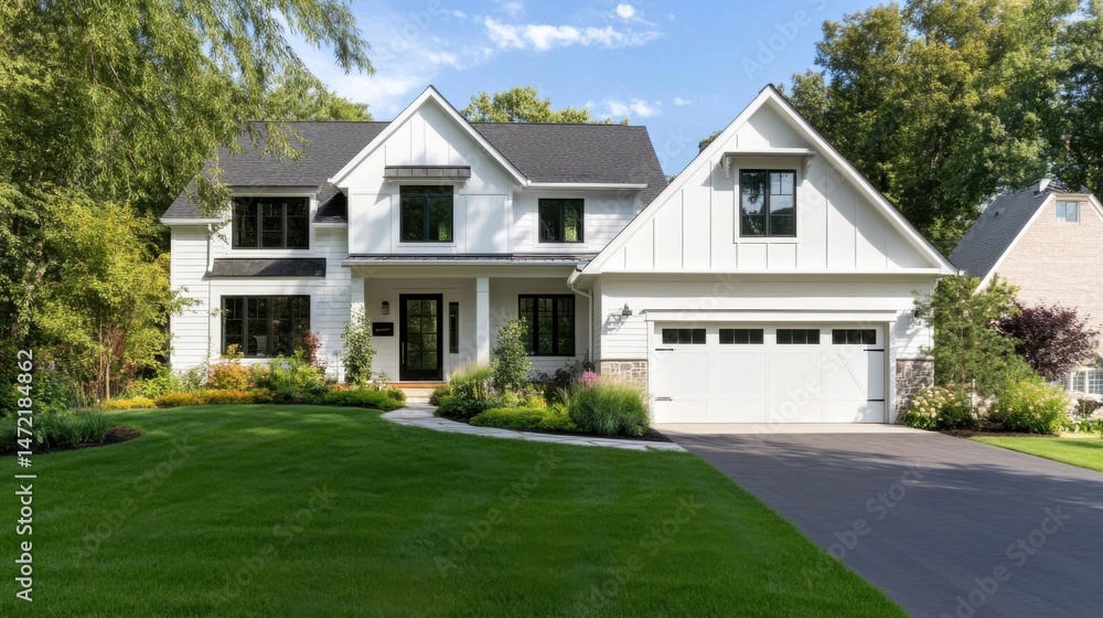 Fototapeta premium A charming white farmhouse style home with a spacious lawn, showcasing black windows and a two-car garage, sits on a tree-lined suburban street. : Generative AI