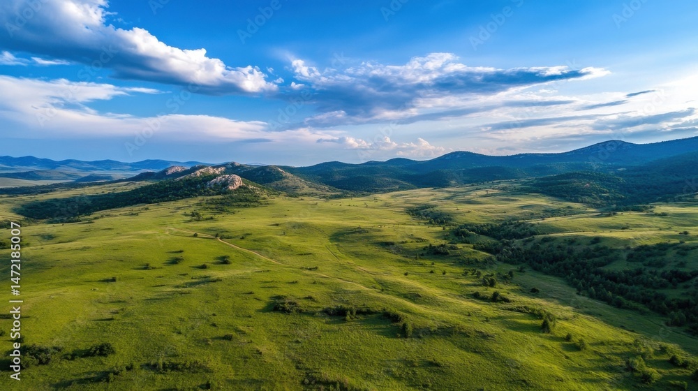 Fototapeta premium Serene aerial view of a vast, rolling green meadow landscape under a vibrant blue sky dotted with fluffy white clouds, showcasing distant mountains and a tranquil path. : Generative AI