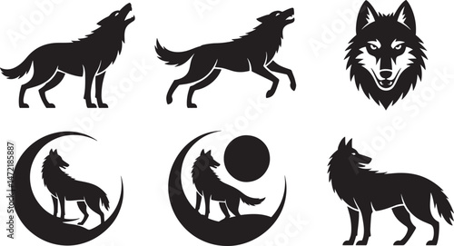 Silhouette collection of wolves in different poses and design elements for various concepts