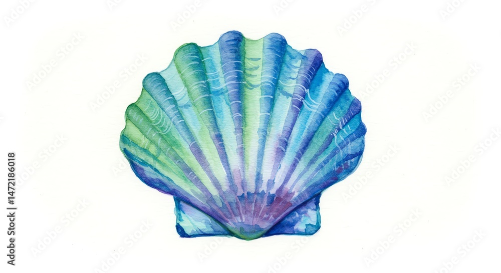 Fototapeta premium Watercolor seashell painting in blue and green hues