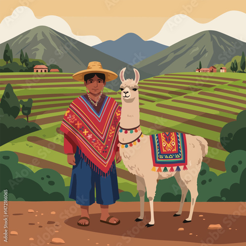 Woman with Llama in Andean Highlands with Terraced Fields Illustration