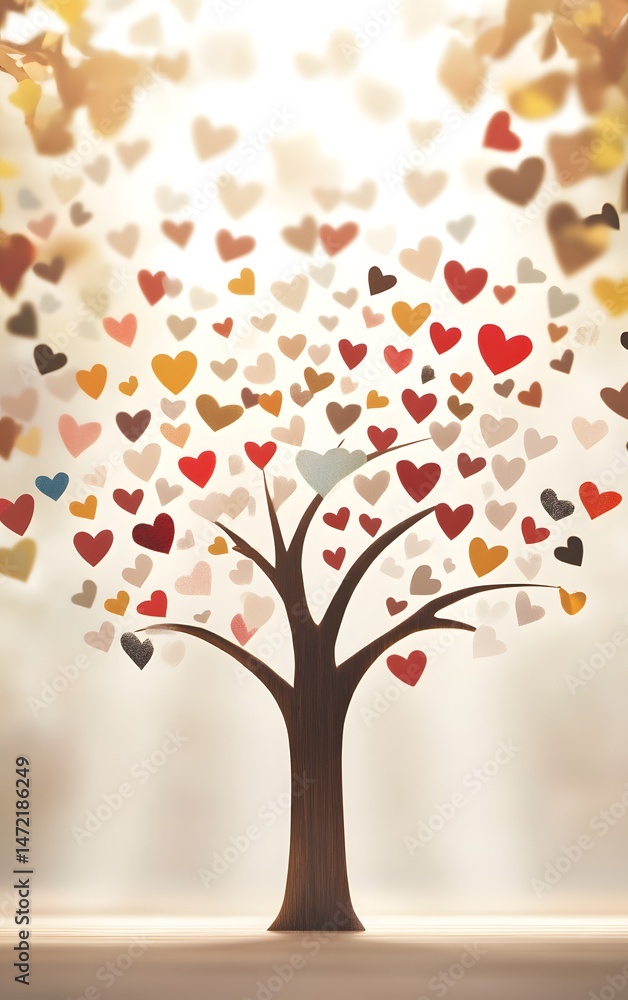 Obraz premium A beautiful tree with colorful heart-shaped leaves, symbolizing love and connection in a serene environment.
