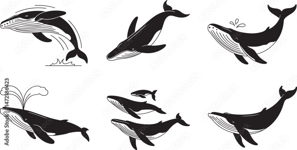 Naklejka premium Vector illustration collection of six distinct whales in various poses against a white background