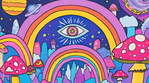 Fantasy rainbow mushroom forest illustration