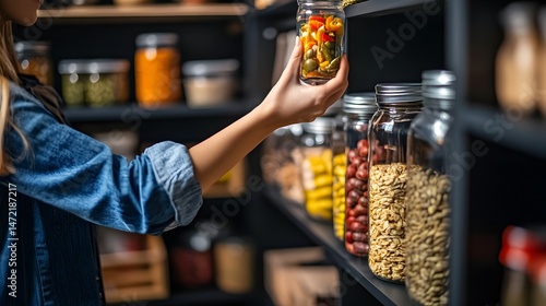 Person organizing their pantry to reduce food waste as a goal