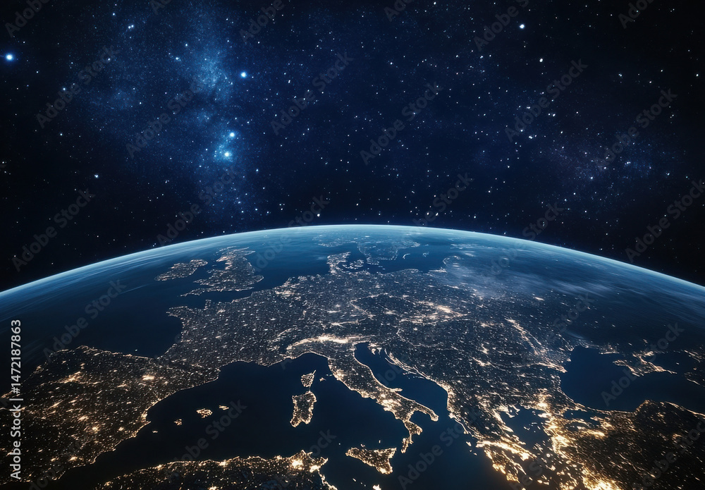 Fototapeta premium Night view of Europe from space, showing city lights and the curvature of the Earth against a backdrop of stars. : Generative AI