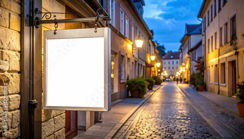 Blank white signage on building exterior in european city at twilight