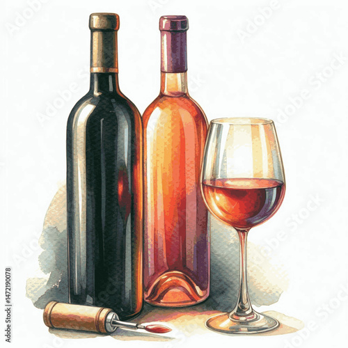 Crimson Sip Brushstrokes wine bottles and glasses isolated watercolor vector illustration svg