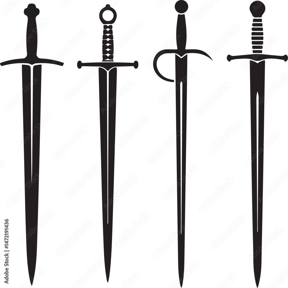 Fototapeta premium Collection of Swords Silhouette Vector Illustration of Medieval Weapons Perfect for History, Fantasy, and Combat Themes
