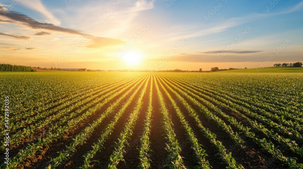Rows of vibrant green crops stretch towards a breathtaking sunset, casting long shadows across the fertile farmland. A tranquil rural scene. : Generative AI Rows of vibrant green crops stretch towards a breathtaking sunset, casting long shadows across the fertile farmland. A tranquil rural scene. : Generative AI