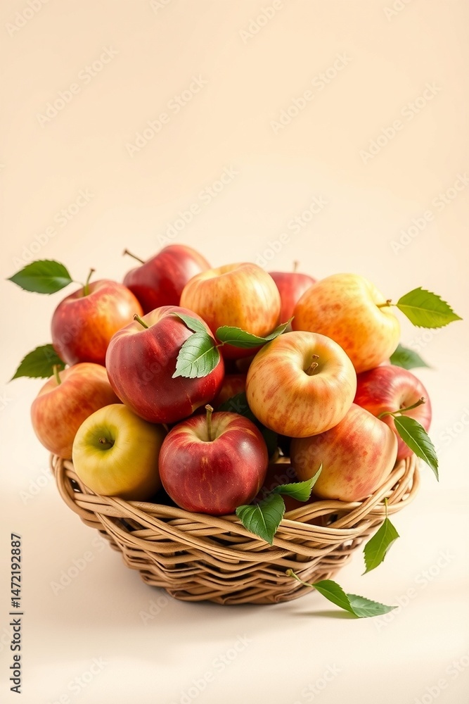 A vibrant still life of freshly picked apples, arranged artfully in a woven basket or a shallow, ornate bowl, set against a soft, creamy background A vibrant still life of freshly picked apples, arranged artfully in a woven basket or a shallow, ornate bowl, set against a soft, creamy background