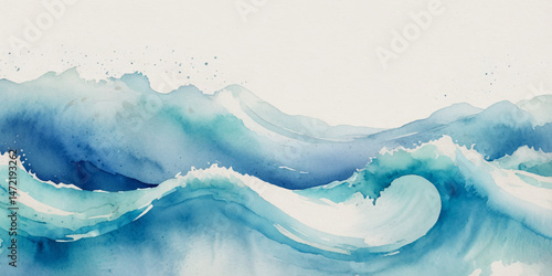 Vector watercolor ocean wave line blue and white background. Ocean sea art with natural template. Seamless soft blue ocean pattern wave water background