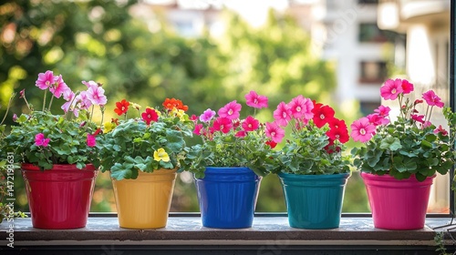 Geraniums in colorful pots on a balcony