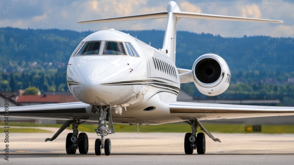 Close-up view of a pristine white private jet on an airport tarmac, showcasing its sleek design and powerful engine against a backdrop of lush green hills. : Generative AI Close-up view of a pristine white private jet on an airport tarmac, showcasing its sleek design and powerful engine against a backdrop of lush green hills. : Generative AI