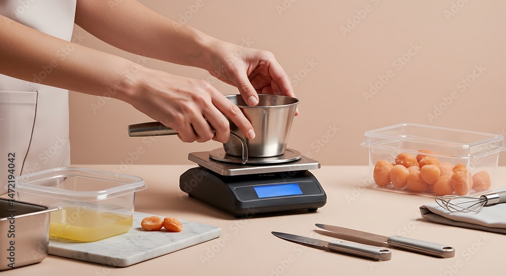 Accurately measuring ingredients on a digital kitchen scale for weight loss food prep Accurately measuring ingredients on a digital kitchen scale for weight loss food prep