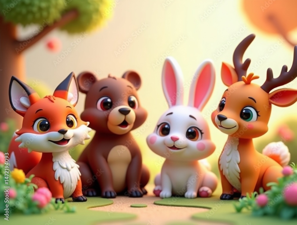 Naklejka premium Cute low poly animal collection in a 3D environment, including a fox, bear, rabbit, and deer