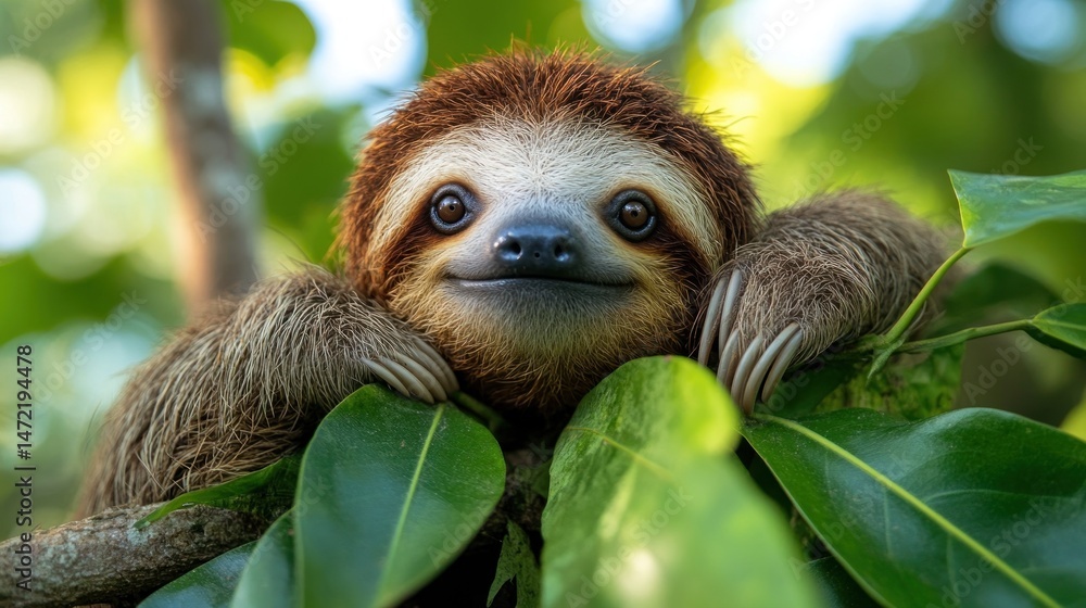 Fototapeta premium Baby sloth clinging to jungle branch, lush green foliage background
