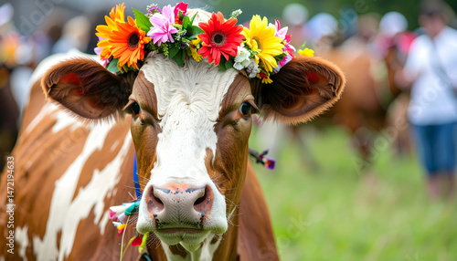 Cow with floral crown on summer meadow a whimsical animal portrait