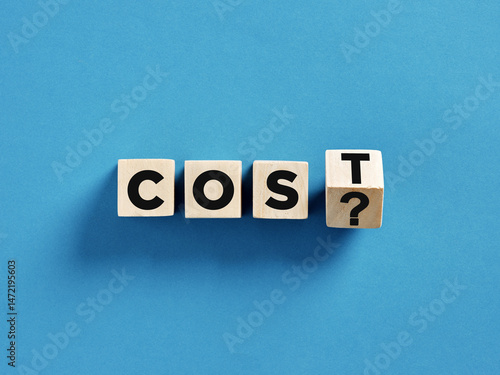 Asking the real cost question using wooden cubes on blue background