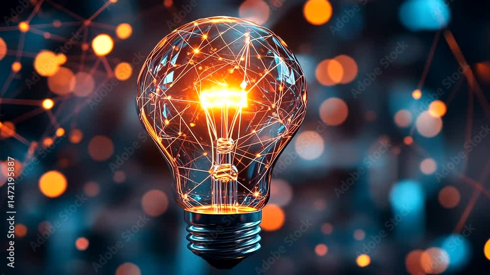A clear lightbulb, brightly illuminated, contains an intricate network of glowing lines and nodes, set against a dark, bokeh background A clear lightbulb, brightly illuminated, contains an intricate network of glowing lines and nodes, set against a dark, bokeh background