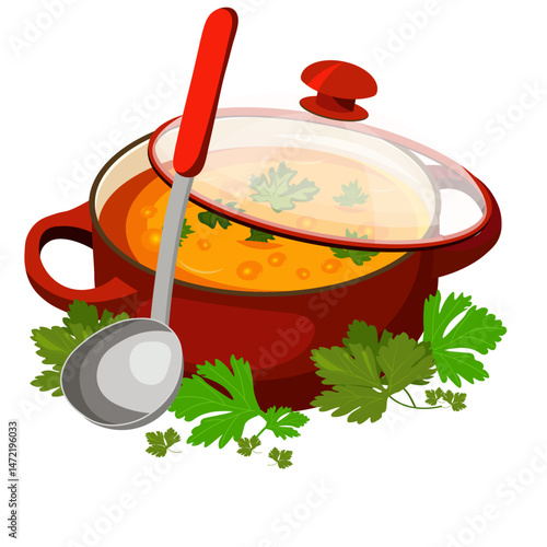 pot with ladle pumpkin soup no background vector