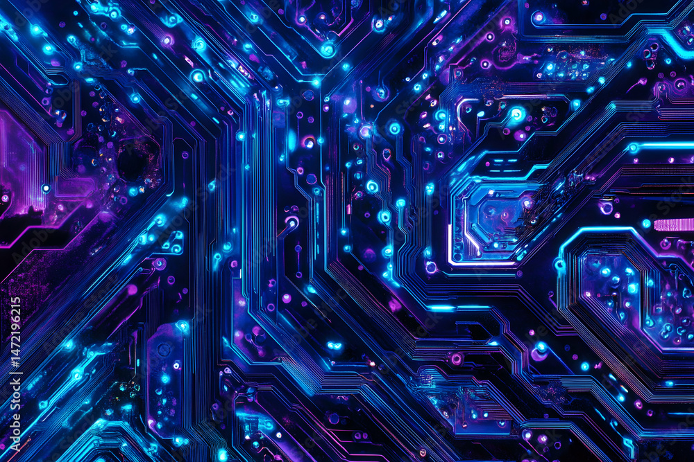 Fototapeta premium Abstract Circuit Board Design with Neon Lights and Technology Vibes