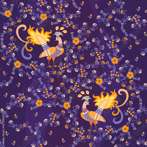 Yellow fairy birds and natural ornament of tiny flowers on deep purple background. Seamless pattern for fabric in boho style.