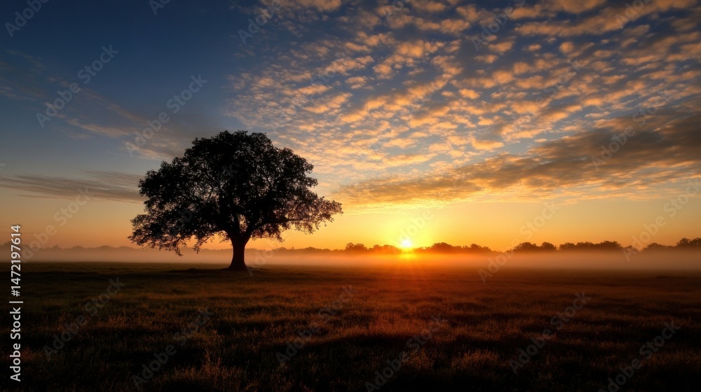Fototapeta premium Solitary oak tree silhouetted against a vibrant sunrise, mist clinging to the field, creating a serene and peaceful morning landscape. : Generative AI