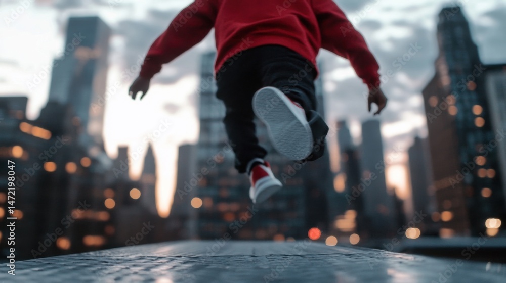 Fototapeta premium Person in red sweatshirt leaps over urban cityscape at sunset, showcasing dynamic movement and city lights in the background. : Generative AI