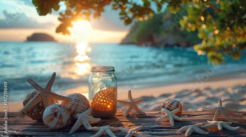 Seashells and Starfish on Wooden Beach at Sunset