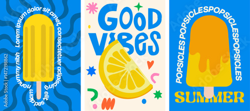 Summer Popsicle Poster playful popsicles, a juicy lemon slice, and "Good Vibes" in bold blue and yellow