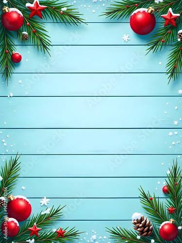 A seasonal Christmas frame design, featuring festive red ornaments on a light blue wooden background.