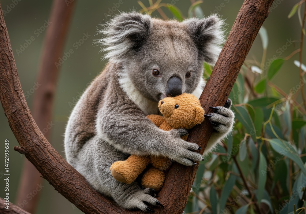 Fototapeta premium Photorealistic Koala Clinging to Branch, Cuddling Small Teddy Bear, Cute Embrace, Comfort Toy, Gentle Animal, Affectionate Pet, Sleepy Friend, Childhood Innocence, Sweet Moment, Unexpected Friendship,