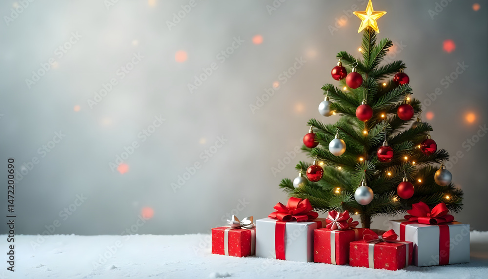 A beautifully decorated Christmas tree sparkles with lights and gifts for the holidays. A beautifully decorated Christmas tree sparkles with lights and gifts for the holidays.
