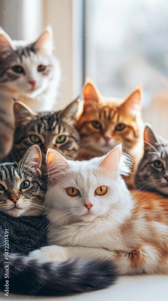 Group of Charming Cats Relaxing Together in Sunlight Group of Charming Cats Relaxing Together in Sunlight