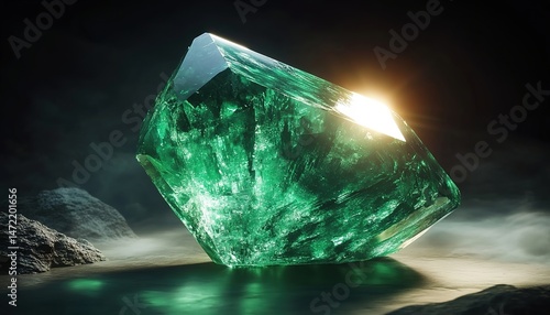 Wallpaper Mural A huge faceted green gemstone emitting bright light from the top with swirling smoke against a dark background. Torontodigital.ca
