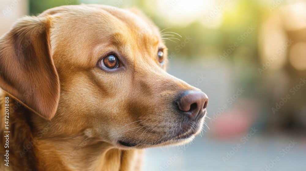 Portrait of a Golden Labrador Retriever Dog, looking thoughtfully into the distance, bathed in soft sunlight, showcasing its warm fur and expressive eyes. : Generative AI Portrait of a Golden Labrador Retriever Dog, looking thoughtfully into the distance, bathed in soft sunlight, showcasing its warm fur and expressive eyes. : Generative AI